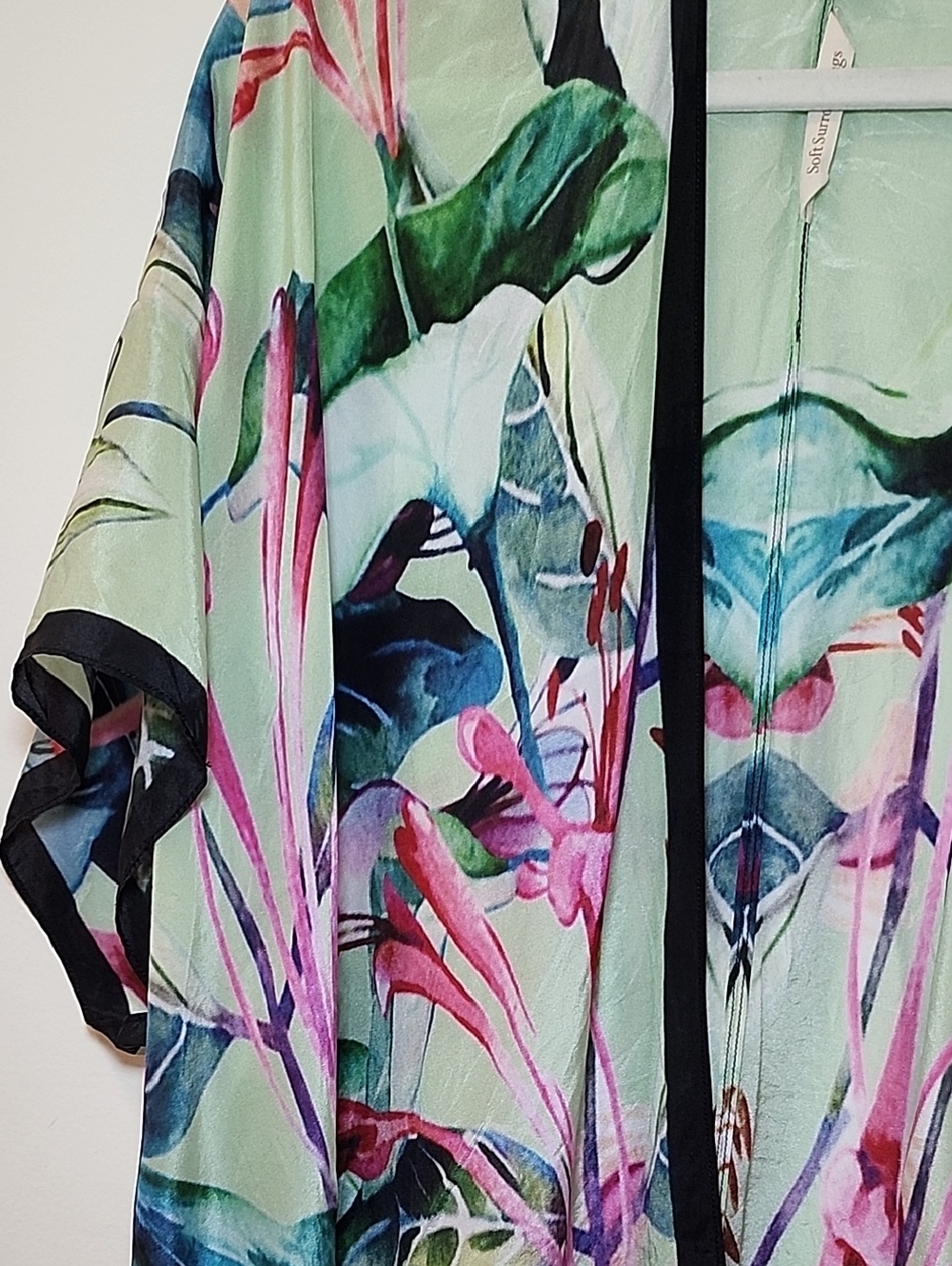 Soft Surroundings Emerald Isle silk topper tropical-themed open-front kimono S/M - Picture 15 of 16